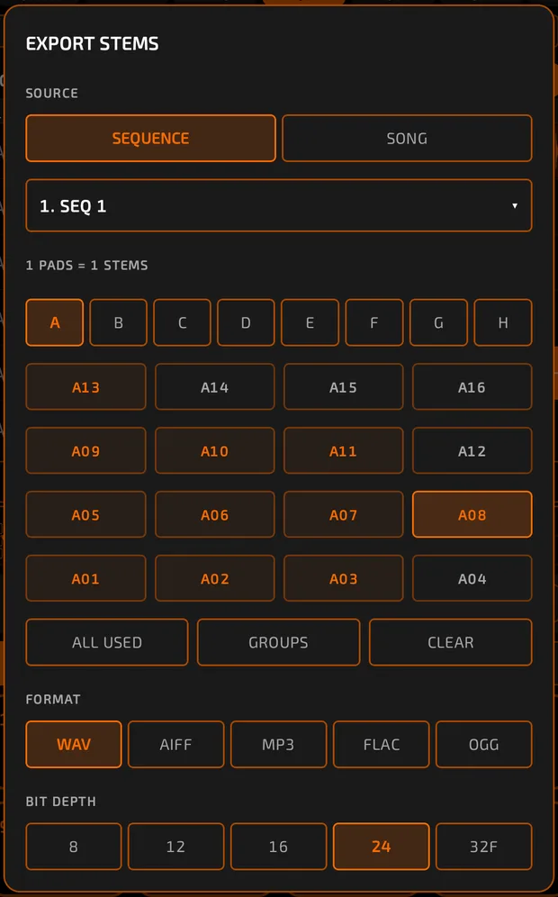 EXPORT STEMS dialog